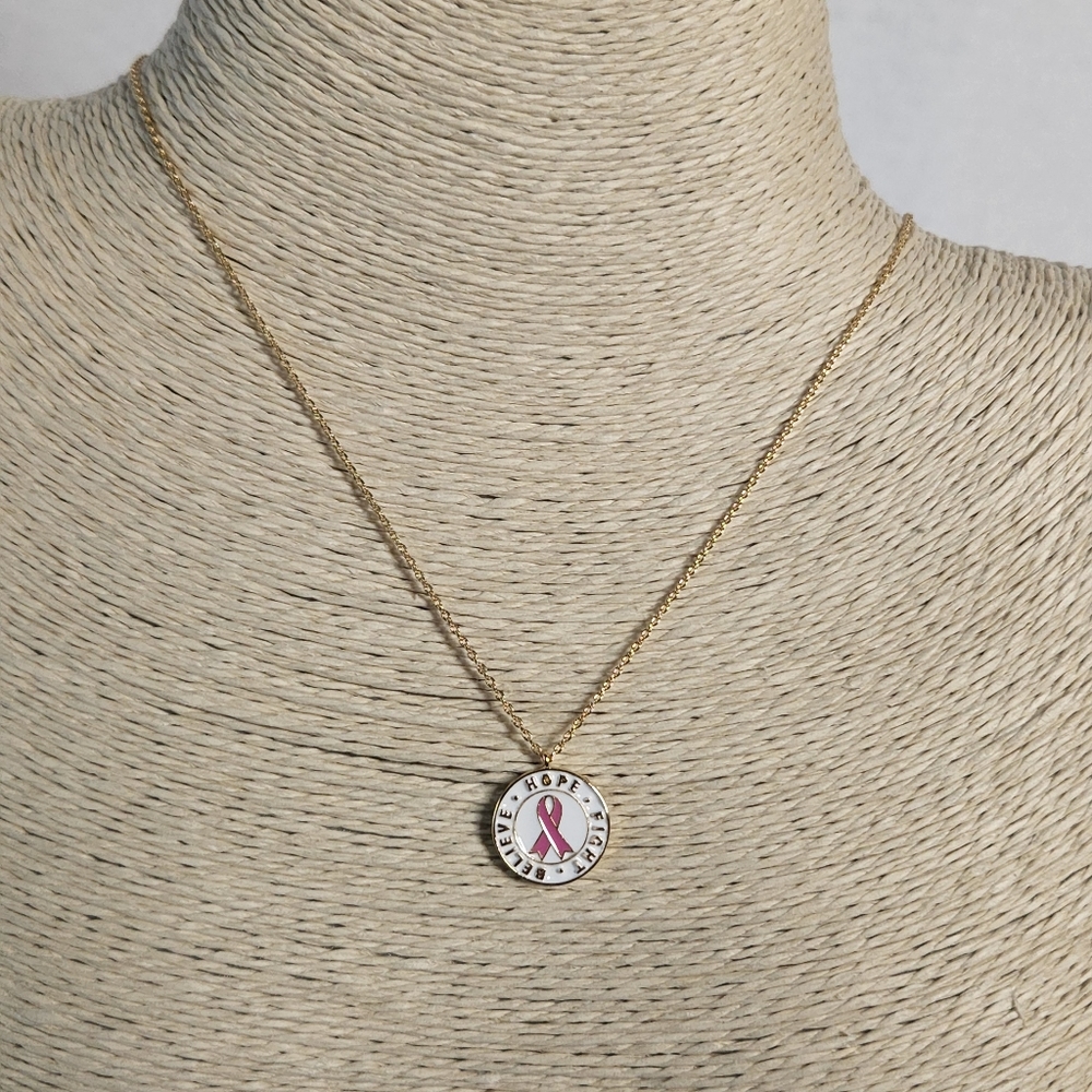 BELIVE HOPE Fight Pink Ribbon Coin Pendant Short Chain Necklace